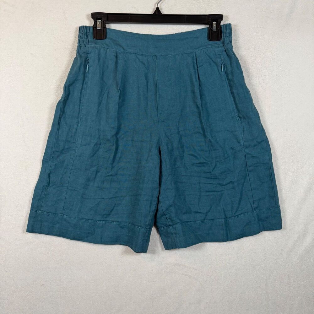 Athleta Playa Linen Bermuda Shorts Women’s 6 Blue Teal Elastic Waist Travel